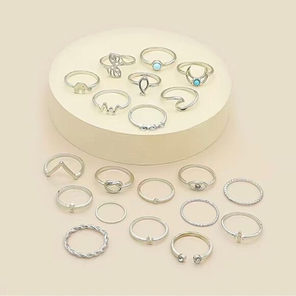 Sz 6-7, 20pc Boho stackable knuckle rings, moon jewelry, cross ring, bowknot - Picture 2 of 3